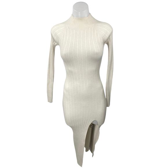 Aritzia Wilfred Cream Rib Knit Long Sleeve Slit Mock Neck Sweater Midi Dress XS - Picture 1 of 4